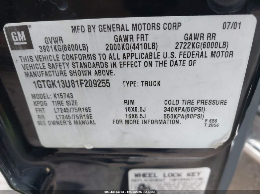 2001 GMC Sierra 1500Hd Sle VIN: 1GTGK13U81F209255 Lot: 43834053