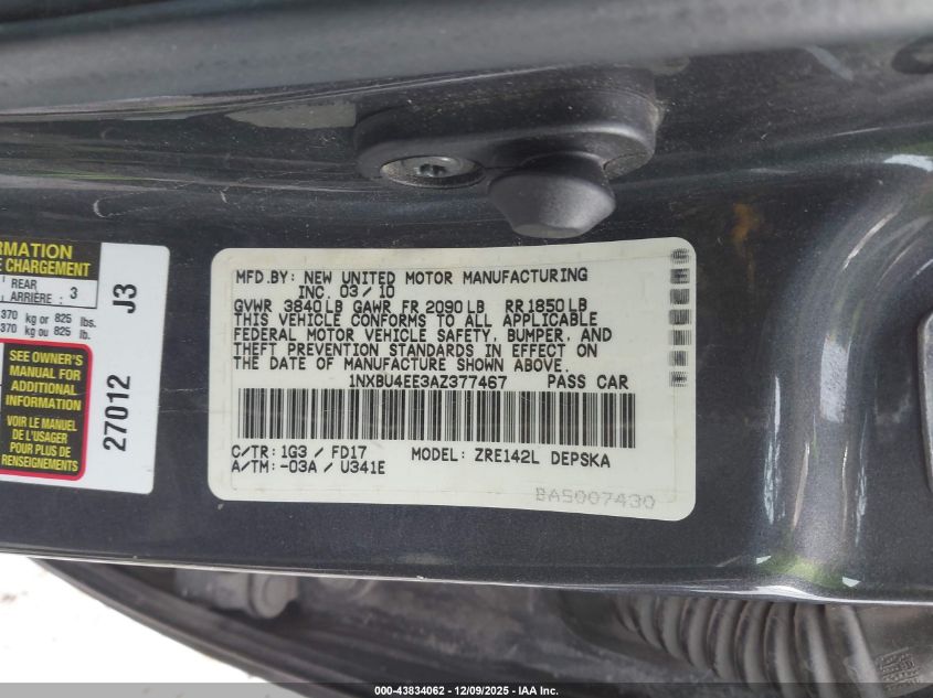 2010 Toyota Corolla S VIN: 1NXBU4EE3AZ377467 Lot: 43834062