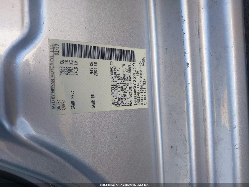 2020 Nissan Altima S Fwd VIN: 1N4BL4BV3LC224159 Lot: 43834077