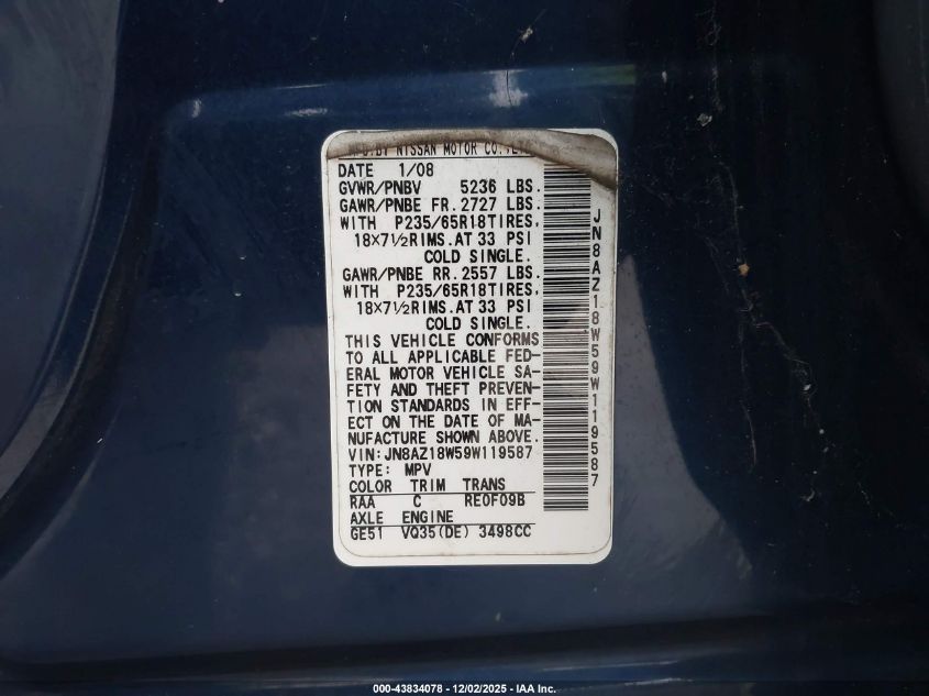 2009 Nissan Murano Sl VIN: JN8AZ18W59W119587 Lot: 43834078
