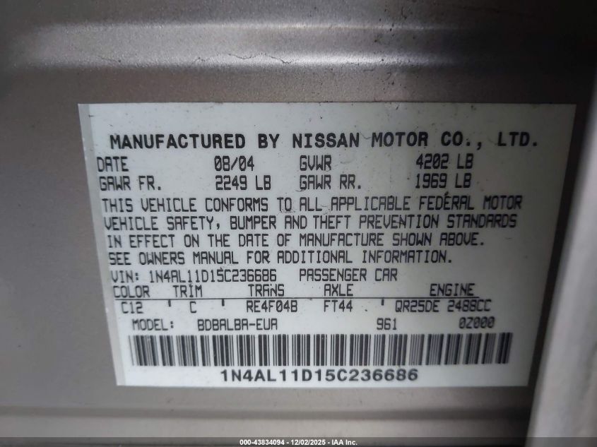 2005 Nissan Altima 2.5 S VIN: 1N4AL11D15C236686 Lot: 43834094
