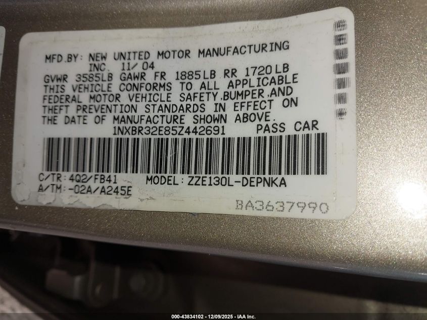 2005 Toyota Corolla Le VIN: 1NXBR32E85Z442691 Lot: 43834102