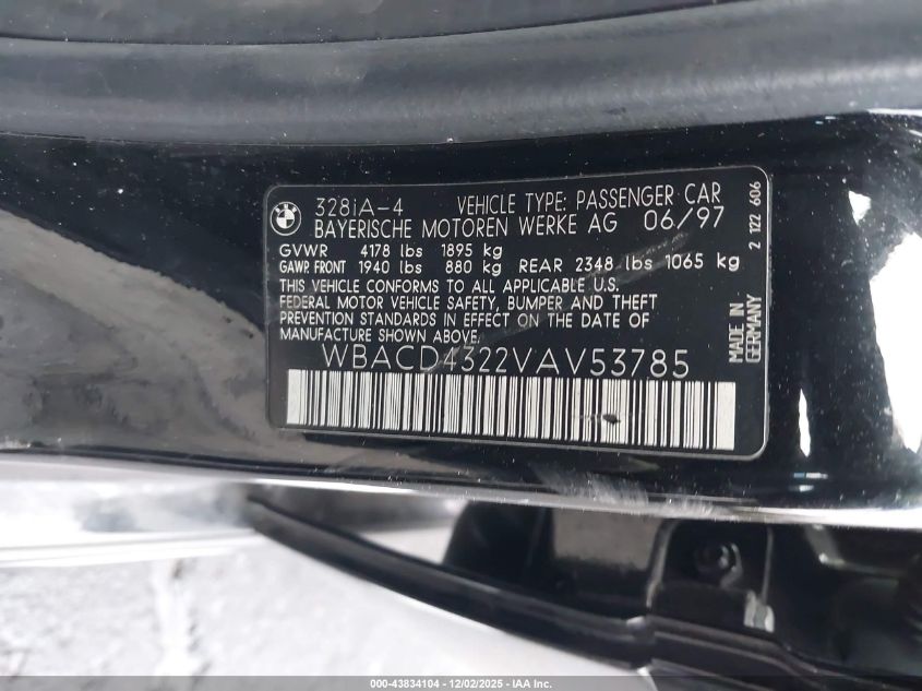 1997 BMW 328I VIN: WBACD4322VAV53785 Lot: 43834104