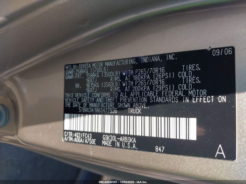 2006 Toyota Tundra Sr5 VIN: 5TBRU34186S477936 Lot: 43834107