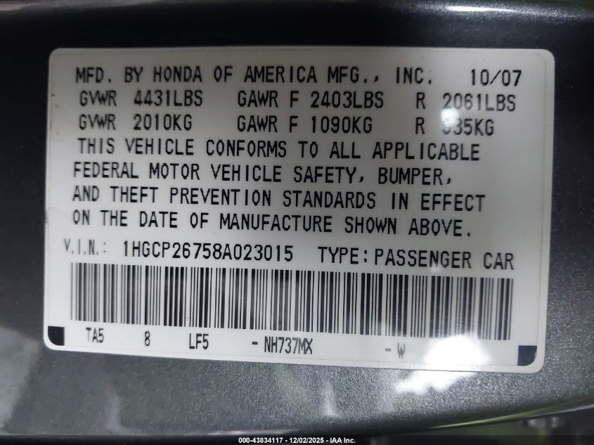 2008 Honda Accord 2.4 Ex VIN: 1HGCP26758A023015 Lot: 43834117