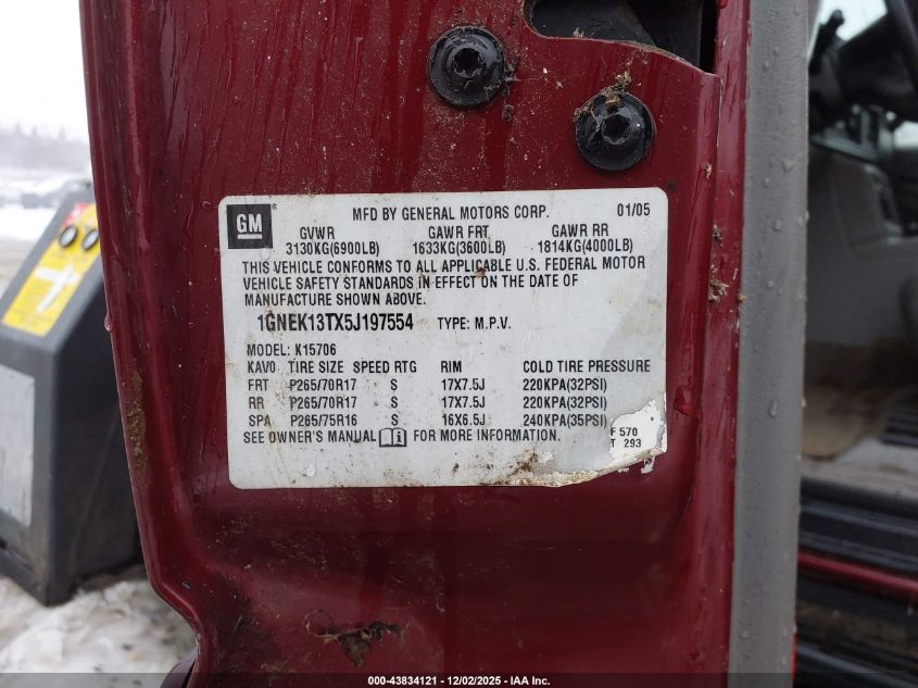 2005 Chevrolet Tahoe Lt VIN: 1GNEK13TX5J197554 Lot: 43834121