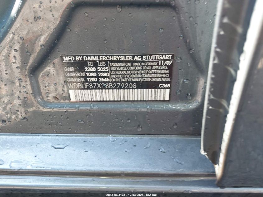 2008 Mercedes-Benz E 350 4Matic VIN: WDBUF87X28B279208 Lot: 43834131
