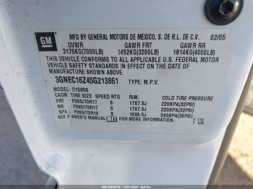 2005 Chevrolet Suburban 1500 Lt VIN: 3GNEC16Z45G213861 Lot: 43834132