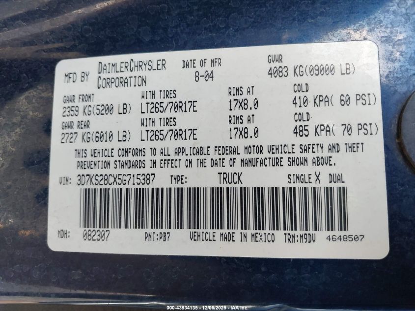 2005 Dodge Ram 2500 Slt/Laramie VIN: 3D7KS28CX5G715387 Lot: 43834135