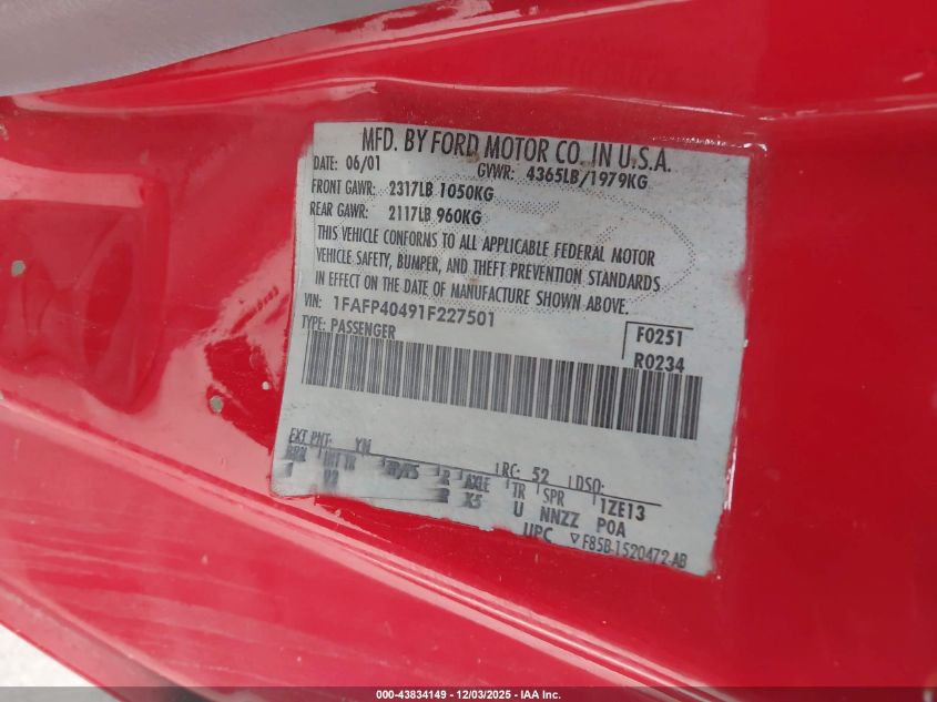 2001 Ford Mustang VIN: 1FAFP40491F227501 Lot: 43834149