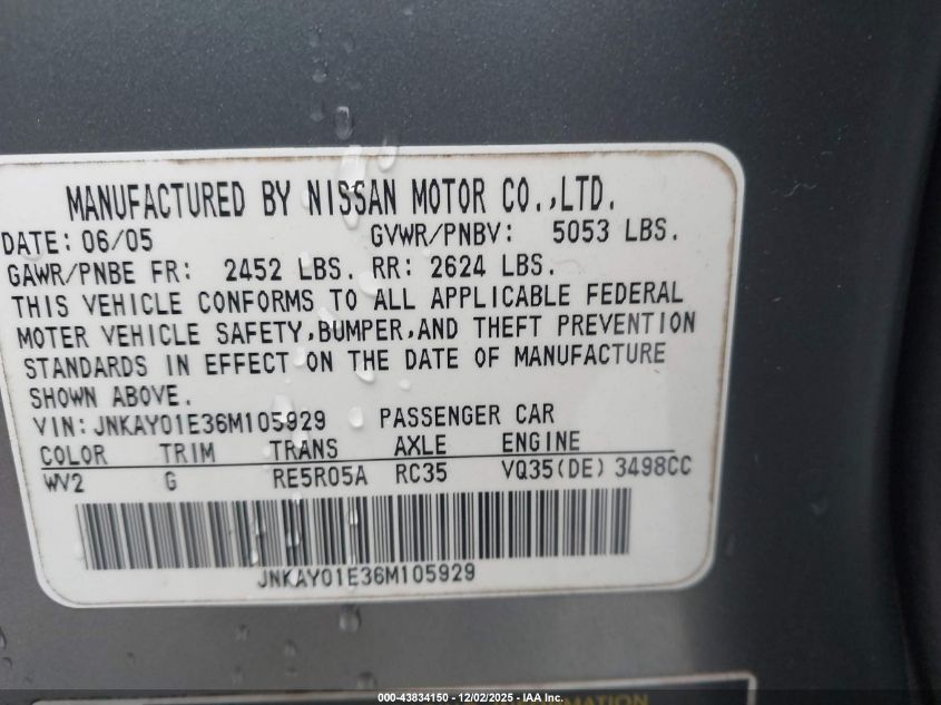 2006 Infiniti M35 VIN: JNKAY01E36M105929 Lot: 43834150