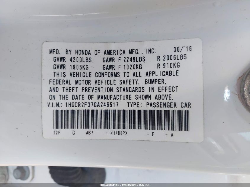 2016 Honda Accord Lx VIN: 1HGCR2F37GA246517 Lot: 43834152
