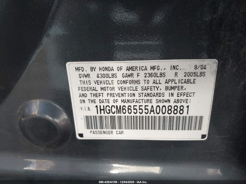2005 Honda Accord 3.0 Ex VIN: 1HGCM66555A008881 Lot: 43834159