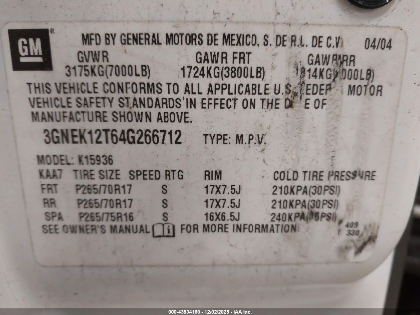 2004 Chevrolet Avalanche 1500 VIN: 3GNEK12T64G266712 Lot: 43834160