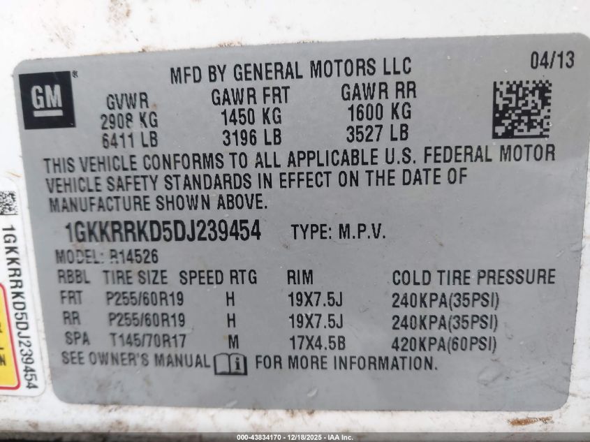 2013 GMC Acadia Slt-1 VIN: 1GKKRRKD5DJ239454 Lot: 43834170