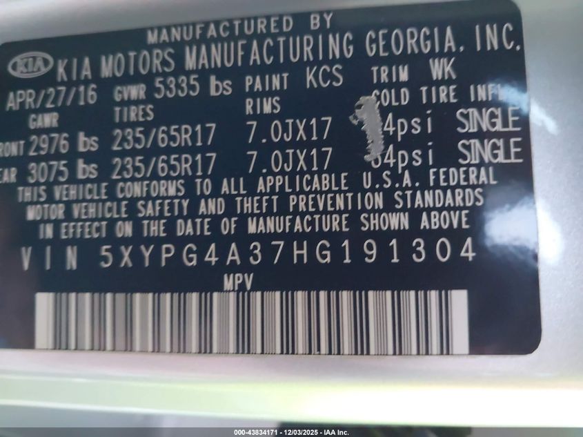 2017 Kia Sorento 2.4L Lx VIN: 5XYPG4A37HG191304 Lot: 43834171