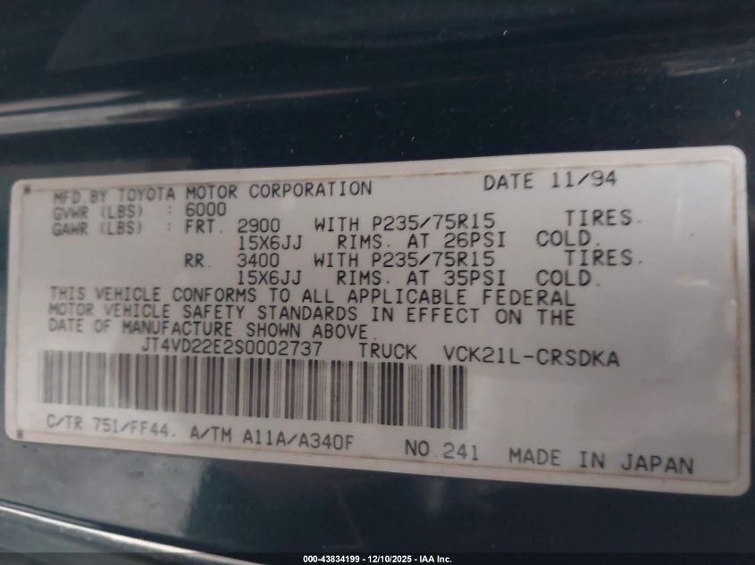 1995 Toyota T100 Xtracab Dx VIN: JT4VD22E2S0002737 Lot: 43834199