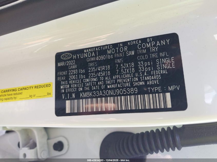 2022 Hyundai Kona N Line VIN: KM8K33A30NU905389 Lot: 43834203