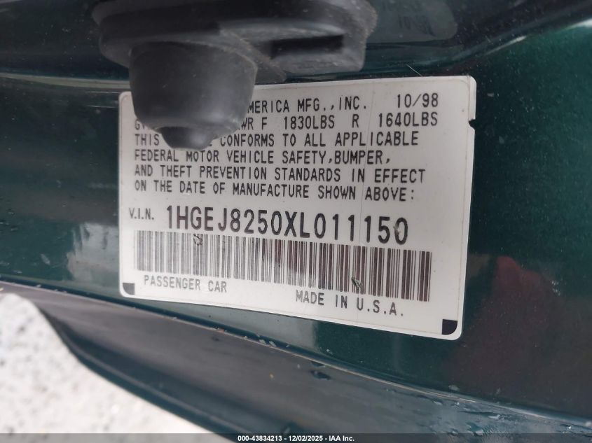 1999 Honda Civic Ex VIN: 1HGEJ8250XL011150 Lot: 43834213