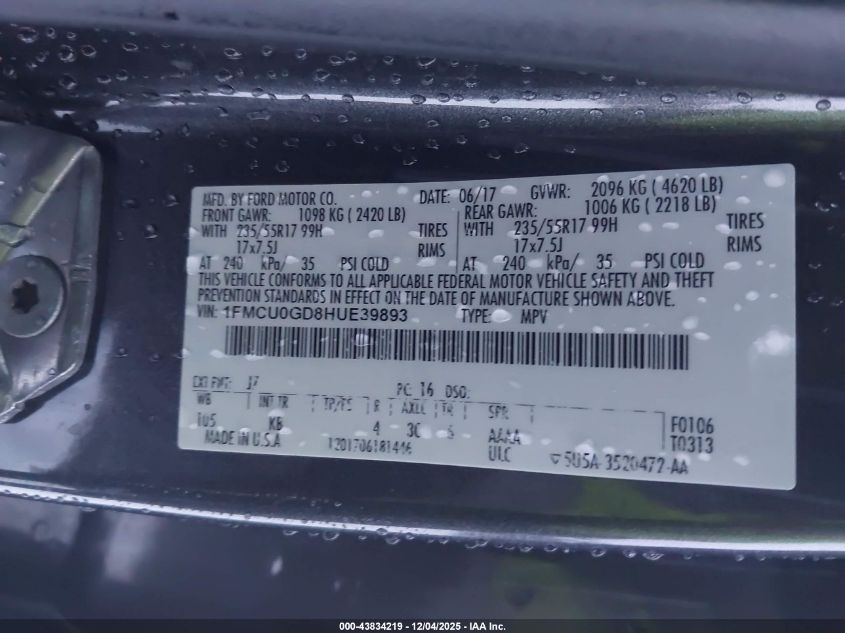 2017 Ford Escape Se VIN: 1FMCU0GD8HUE39893 Lot: 43834219