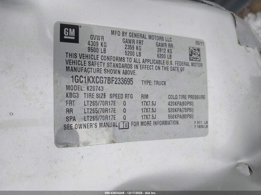 2011 Chevrolet Silverado 2500Hd Lt VIN: 1GC1KXCG7BF233695 Lot: 43834245