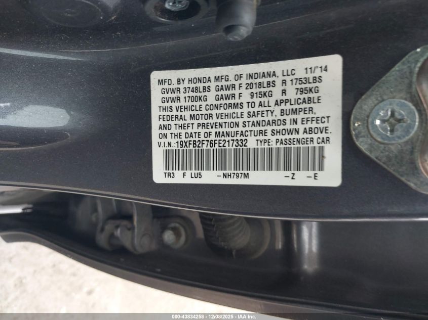 2015 Honda Civic Se VIN: 19XFB2F76FE217332 Lot: 43834258