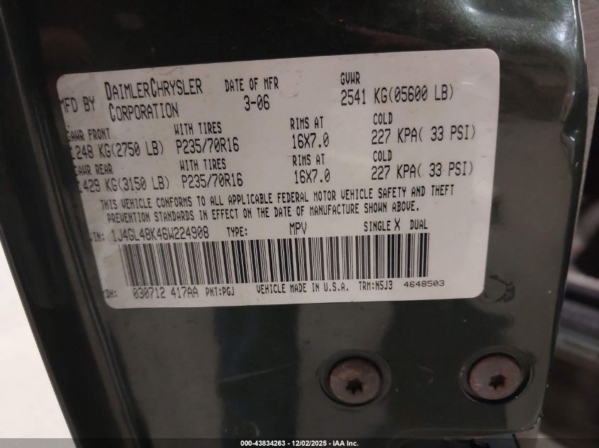 2006 Jeep Liberty Sport VIN: 1J4GL48K46W224908 Lot: 43834263