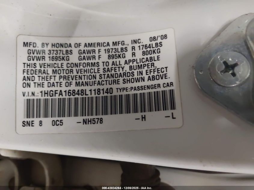 2008 Honda Civic Ex VIN: 1HGFA16848L118140 Lot: 43834264