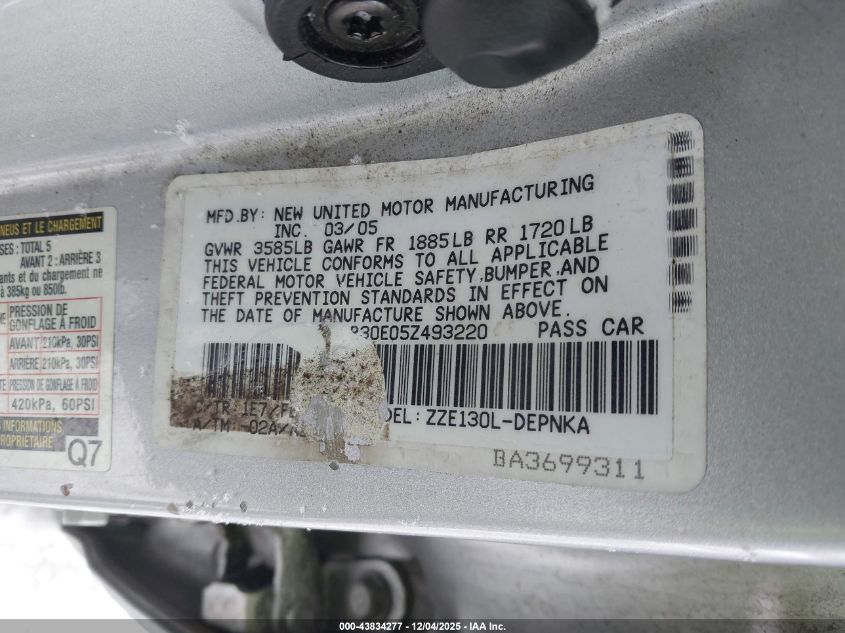 2005 Toyota Corolla Le VIN: 1NXBR30E05Z493220 Lot: 43834277