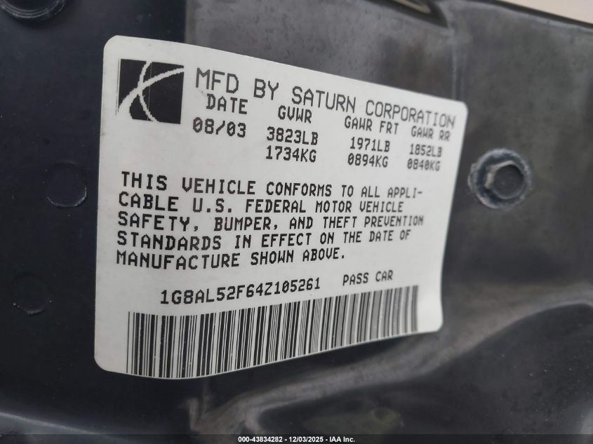 2004 Saturn Ion 3 VIN: 1G8AL52F64Z105261 Lot: 43834282