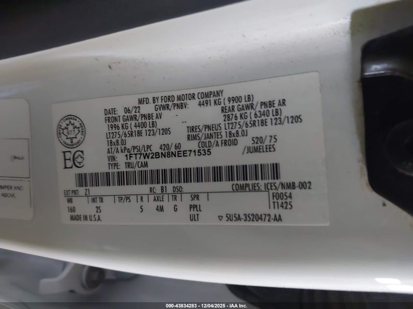 2022 Ford F-250 Xlt VIN: 1FT7W2BN8NEE71535 Lot: 43834283