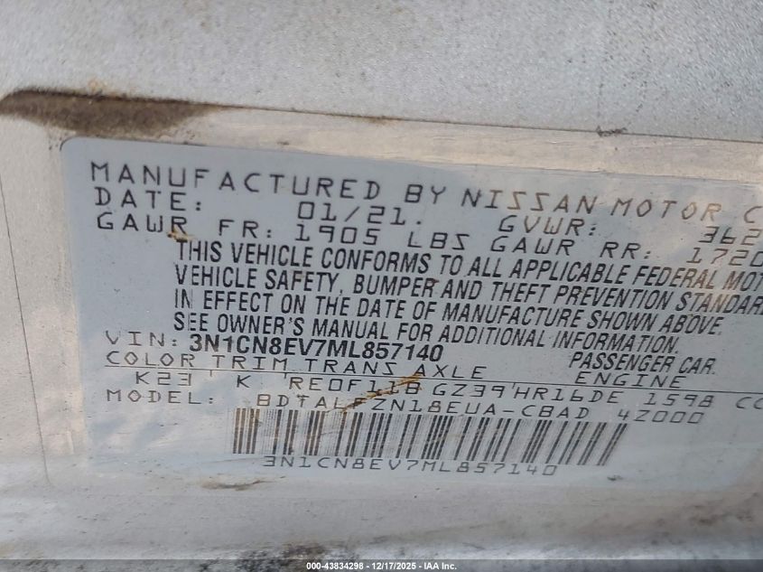 2021 Nissan Versa Sv Xtronic Cvt VIN: 3N1CN8EV7ML857140 Lot: 43834298