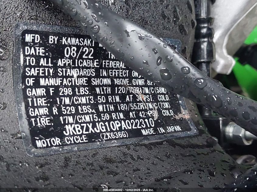 2023 Kawasaki Zx636 K VIN: JKBZXJG10PA022310 Lot: 43834302