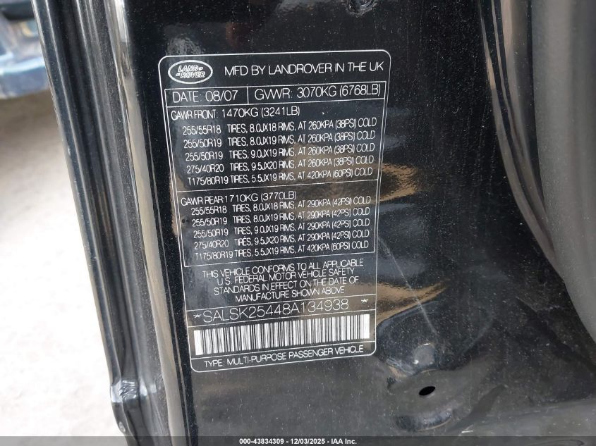 2008 Land Rover Range Rover Sport Hse VIN: SALSK25448A134938 Lot: 43834309
