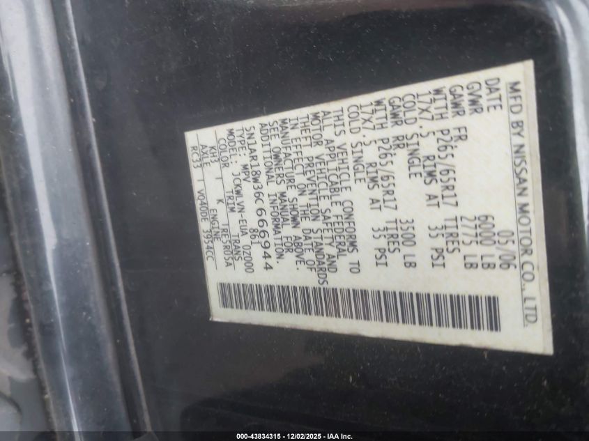 2006 Nissan Pathfinder Le VIN: 5N1AR18W36C666944 Lot: 43834315