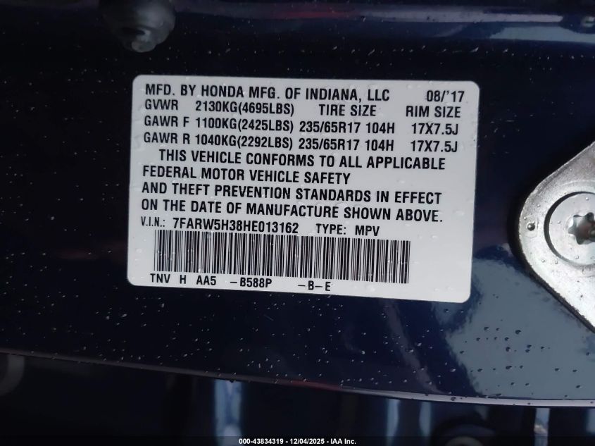 2017 Honda Cr-V Lx VIN: 7FARW5H38HE013162 Lot: 43834319