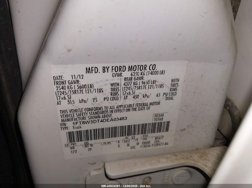 2013 Ford F-350 Lariat VIN: 1FT8W3DT4DEA03483 Lot: 43834351