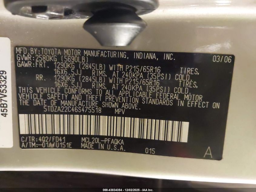 2006 Toyota Sienna Xle VIN: 5TDZA22C46S475518 Lot: 43834354