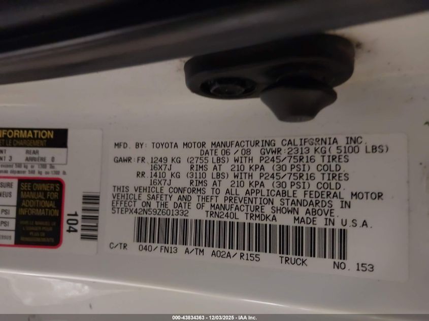 2009 Toyota Tacoma VIN: 5TEPX42N59Z601332 Lot: 43834363