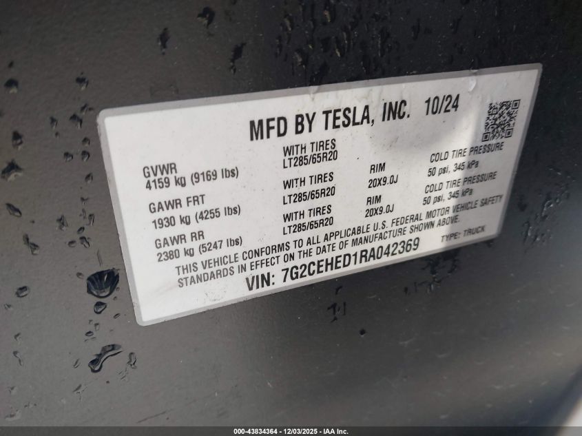 2024 Tesla Cybertruck All-Wheel Drive VIN: 7G2CEHED1RA042369 Lot: 43834364