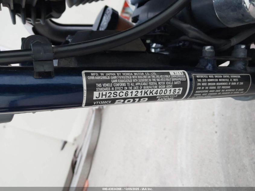 2019 Honda Vt1300 Cx VIN: JH2SC6121KK400182 Lot: 43834366
