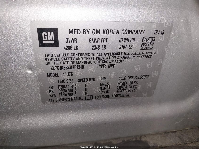 2016 Chevrolet Trax 1Ls VIN: KL7CJKSB4GB582491 Lot: 43834372