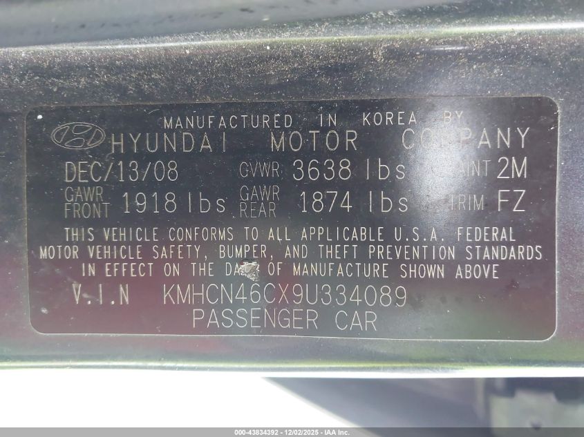 2009 Hyundai Accent Gls VIN: KMHCN46CX9U334089 Lot: 43834392