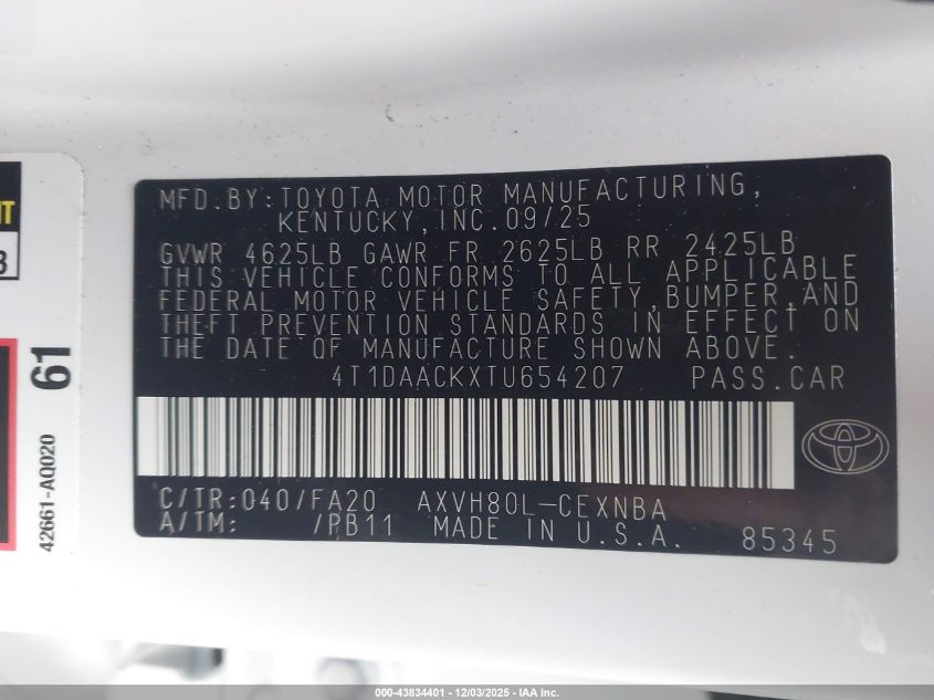 2026 Toyota Camry Le VIN: 4T1DAACKXTU654207 Lot: 43834401