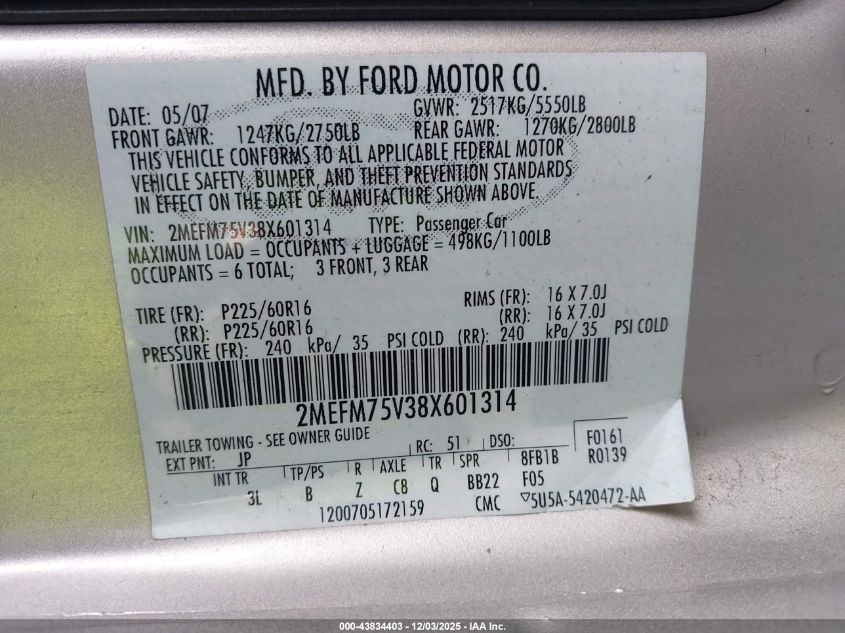 2008 Mercury Grand Marquis Ls VIN: 2MEFM75V38X601314 Lot: 43834403