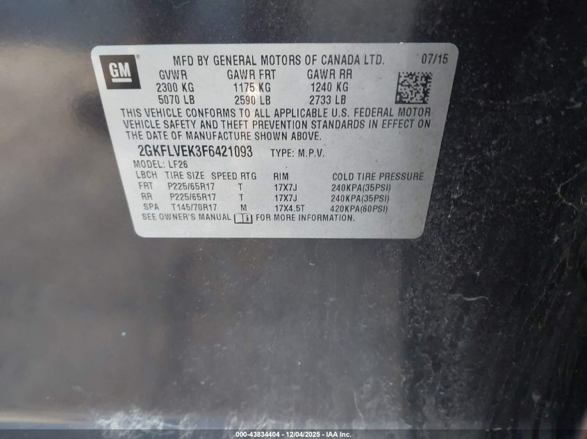 2015 GMC Terrain Sle-1 VIN: 2GKFLVEK3F6421093 Lot: 43834404