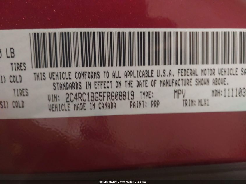 2015 Chrysler Town & Country Touring VIN: 2C4RC1BG5FR608819 Lot: 43834420