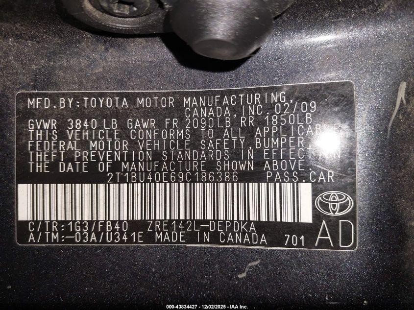 2009 Toyota Corolla Le VIN: 2T1BU40E69C186386 Lot: 43834427