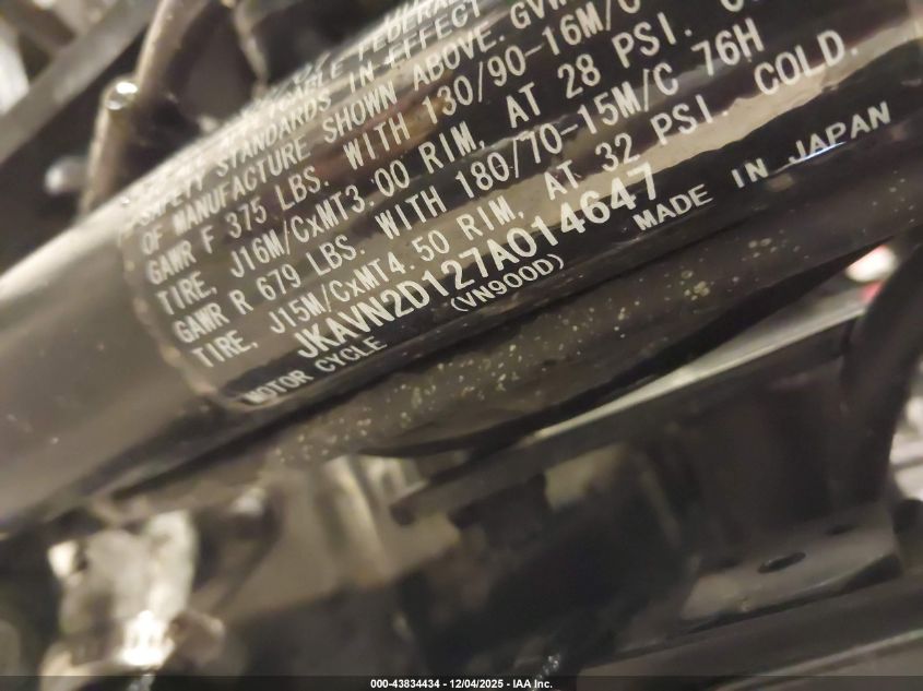 2007 Kawasaki Vn900 D VIN: JKAVN2D127A014647 Lot: 43834434