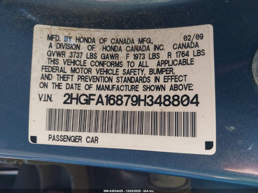 2009 Honda Civic Ex VIN: 2HGFA16879H348804 Lot: 43834435